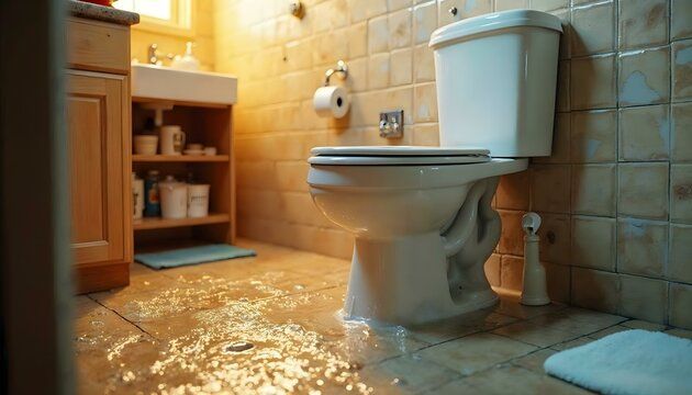 A toilet in a bathroom with water coming out of it. Northglenn, Colorado accountable home services