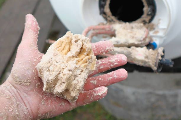 A person is holding a piece of dirt in their hand in front of a water heater. Northglenn, Colorado accountable home services