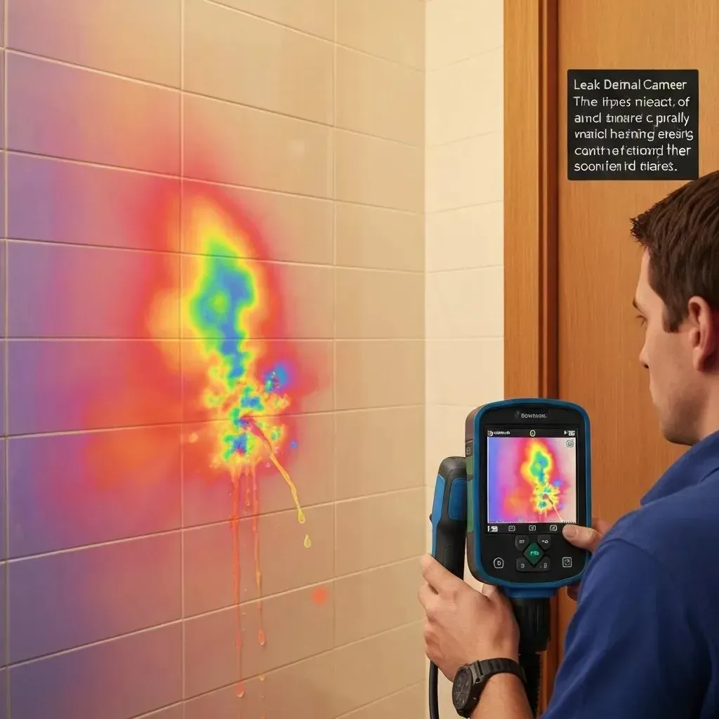 Man using thermal imaging camera on tiled wall, detecting water damage; colorful heat map.