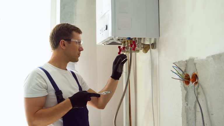 A man is working on a boiler in a room. Northglenn, Colorado accountable home services