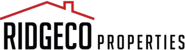 Ridgeco Properties logo with red roof outline and black text on white background