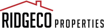 Ridgeco Properties logo with red roof outline and black text on white background