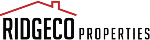 Ridgeco Properties logo with a red roof outline above black and gray text