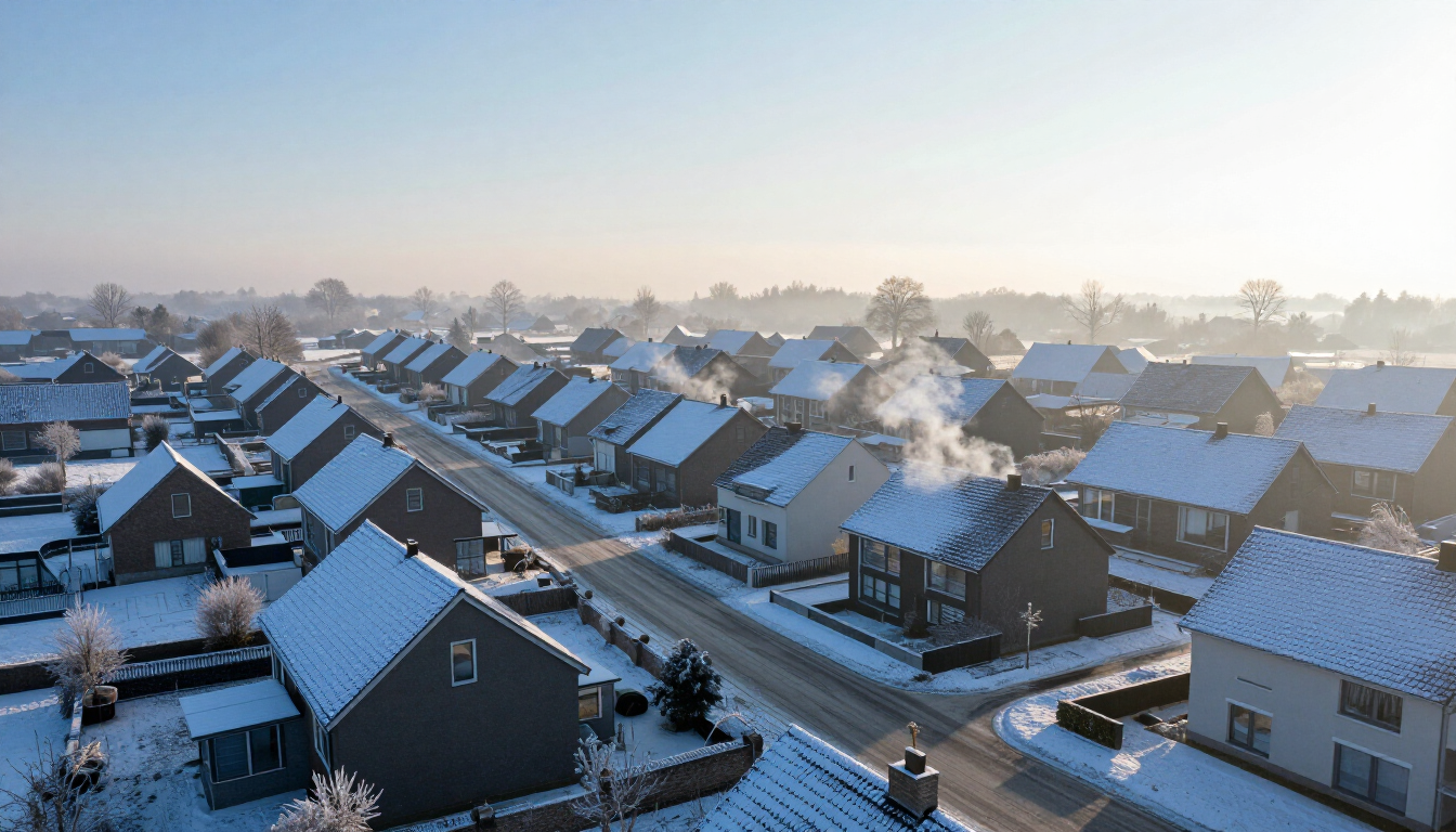 Vue aérienne d'un quartier résidentiel à Perwez sous un ciel dégagé de hiver