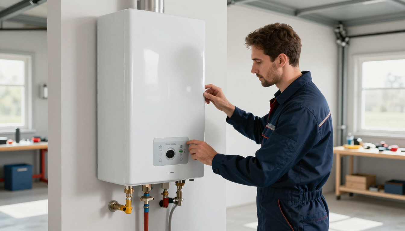 Technicien chauffagiste professionnel travaillant sur une chaudière moderne à Perwez