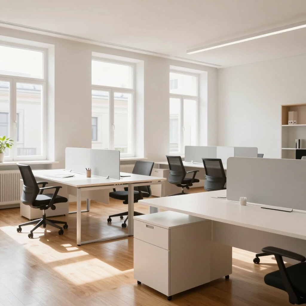 Équipe de nettoyage professionnel intervenant dans un bureau moderne en Brabant Wallon au printemps.