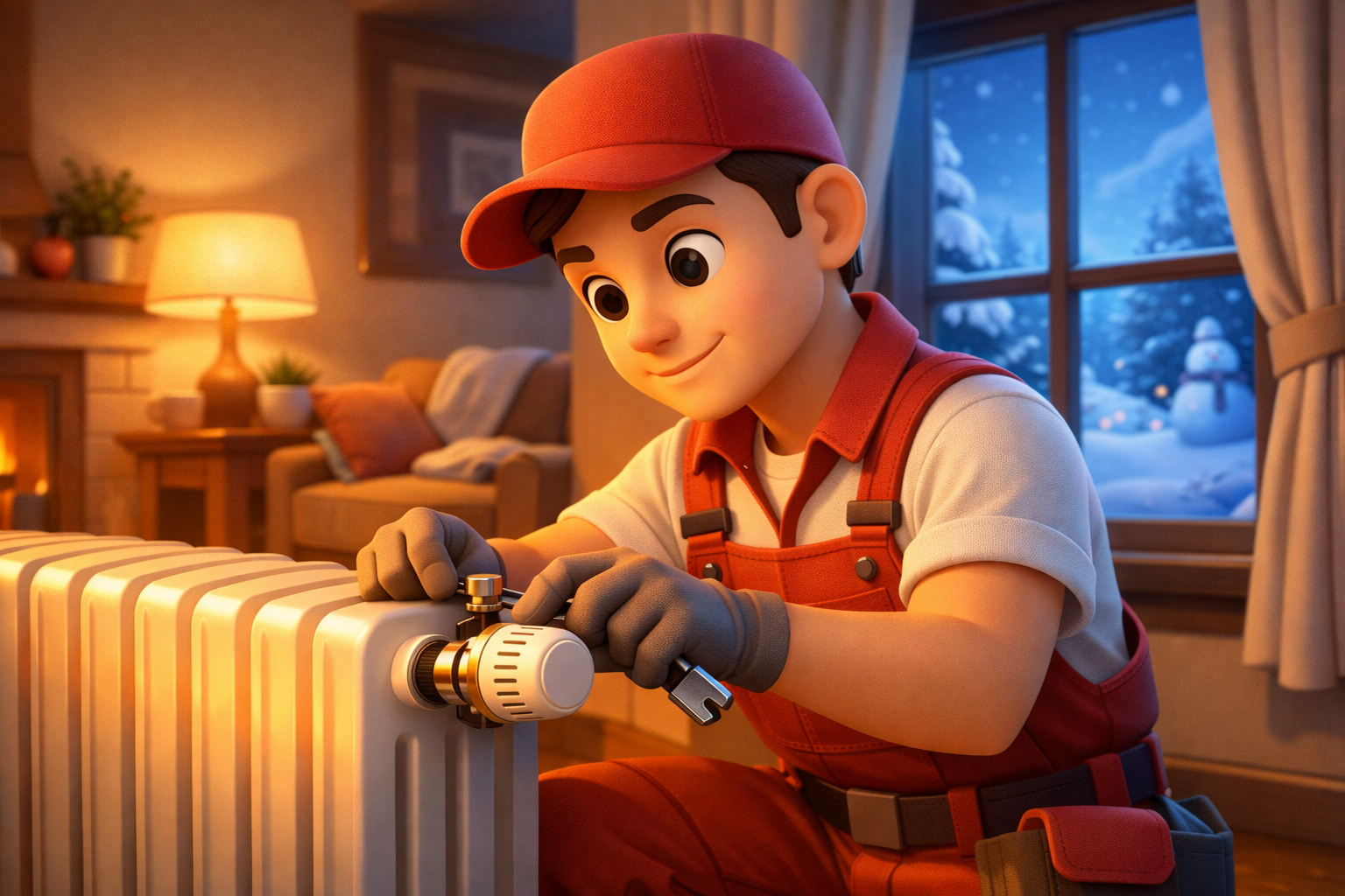Un plombier de dessin animé en salopette rouge répare un radiateur à l'intérieur, tandis qu'à l'extérieur, on aperçoit un paysage d'hiver enneigé.