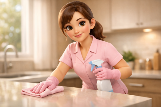 Cox & Clean Perwez Une femme vêtue de rose nettoie un comptoir de cuisine avec un vaporisateur et un chiffon.