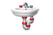 Évier de dessin animé avec robinet gris et tuyaux rouges en dessous, isolé sur fond blanc