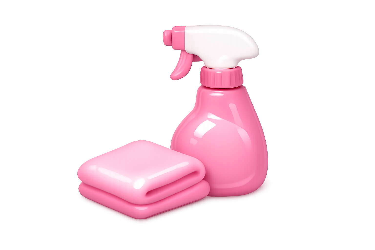 Flacon pulvérisateur de nettoyage rose avec chiffon rose plié sur fond blanc