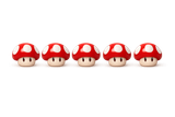 Cinq personnages de champignons rouges et blancs alignés sur un fond blanc