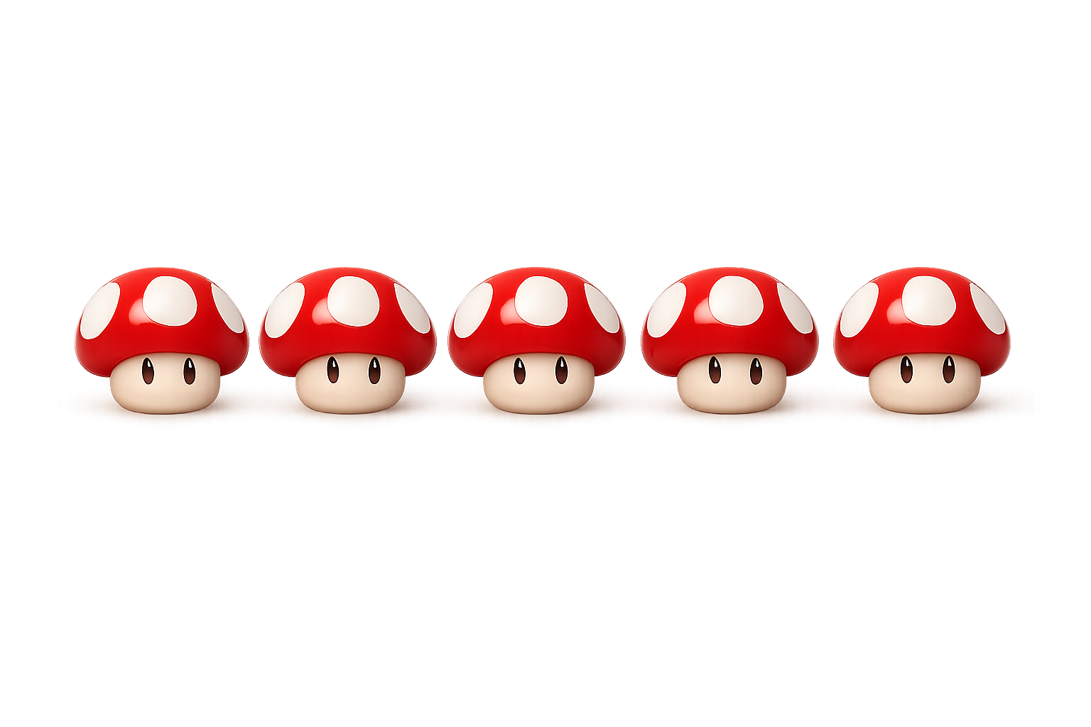 Cinq personnages de champignons rouges et blancs alignés sur un fond blanc