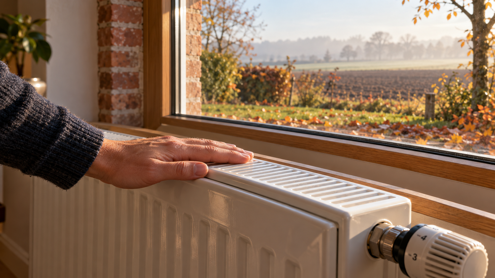 Main vérifiant la chaleur d'un radiateur dans une maison du Brabant wallon en automne