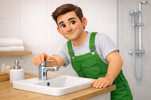 Arnaud Cox en salopette verte répare un lavabo avec une clé à molette.