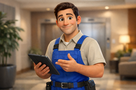 Cox & Cox - Un agent d'entretien aimable tient une tablette dans le hall d'un immeuble moderne