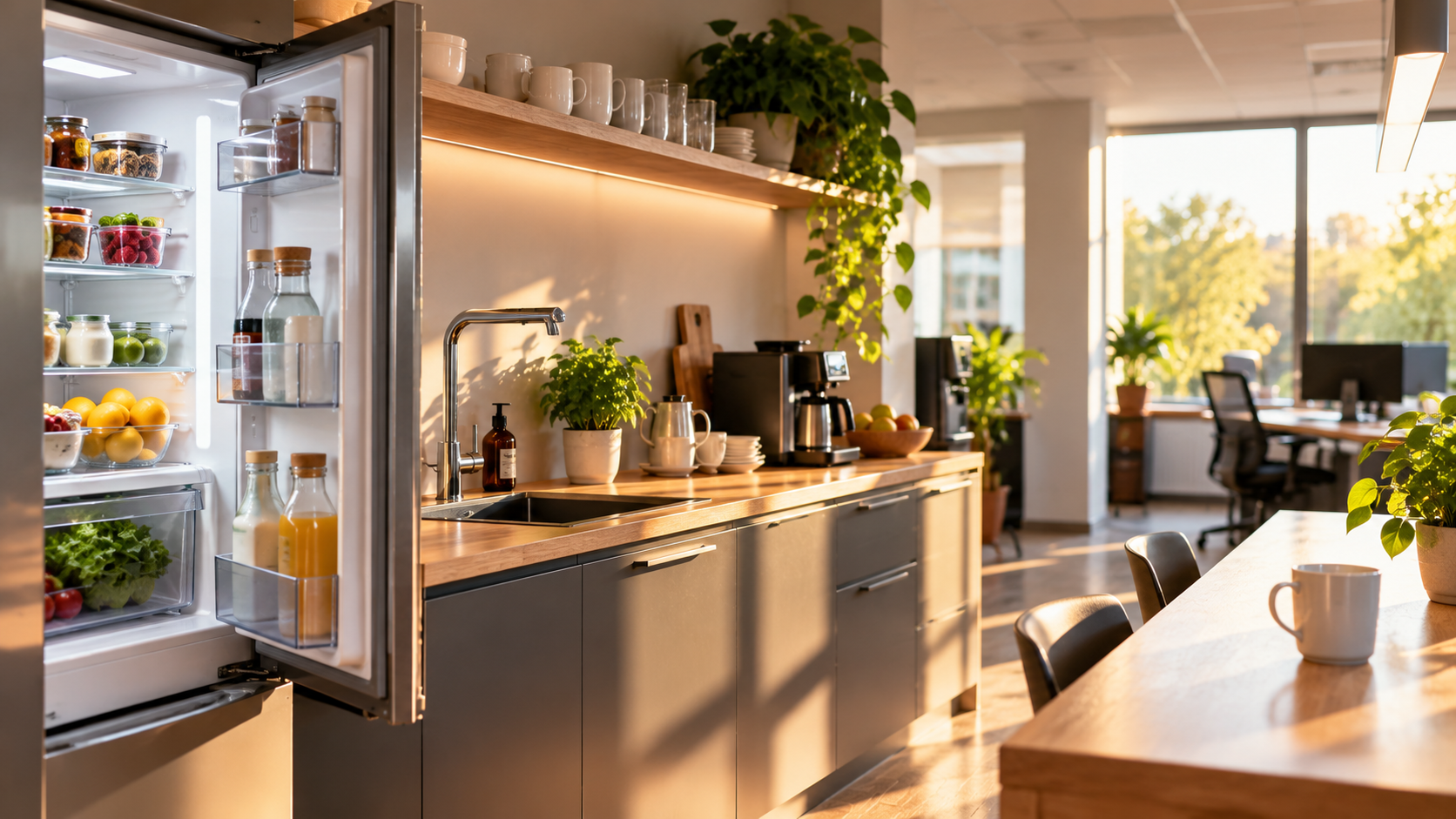 Cuisine de bureau impeccable baignée de lumière naturelle à la rentrée, réfrigérateur ouvert