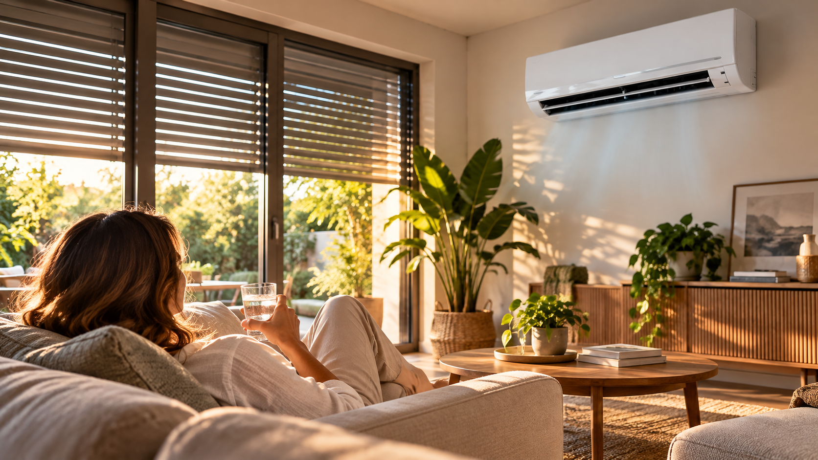 Salon lumineux d'une maison brabançonne en été, climatisation réversible murale et personne se relaxant sur le canapé