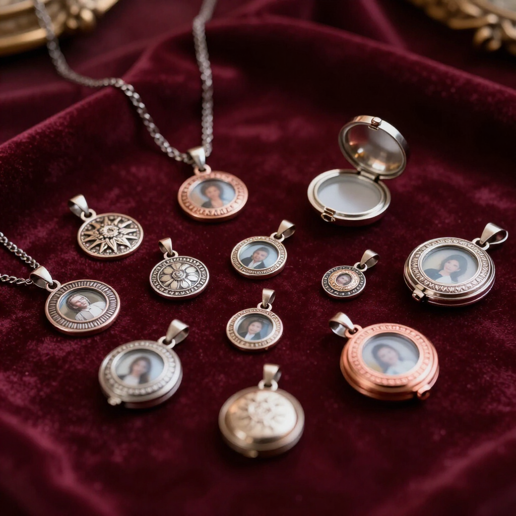 Assorted silver and rose-gold locket pendants on burgundy velvet, two open pendants at top right