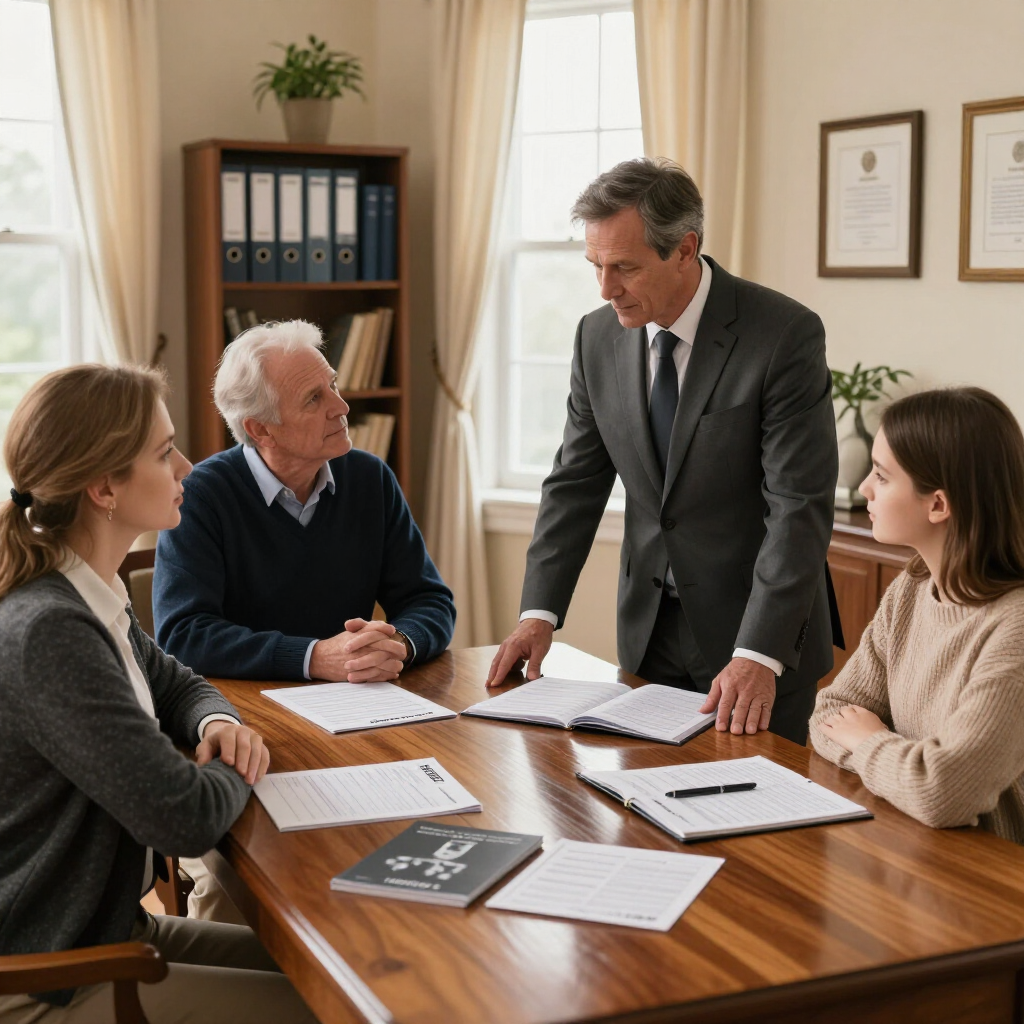 Business meeting in an office, with four people reviewing documents around a table.