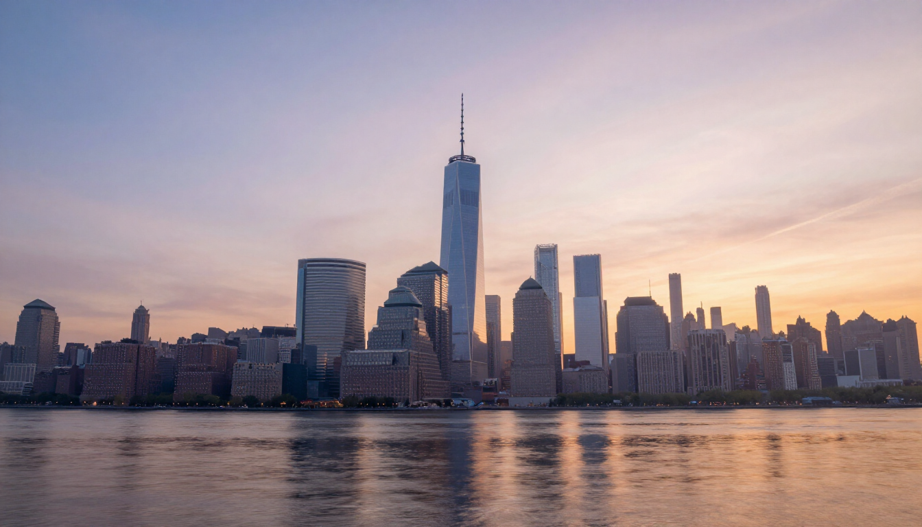 New York City skyline at sunset with the One World Trade Center reflected on the water