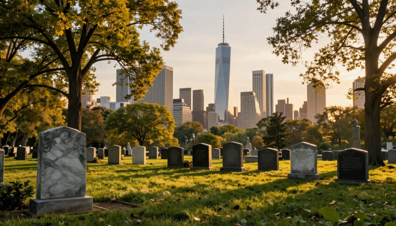 Sunlit cemetery with gravestones and trees, with the New York City skyline in the background.