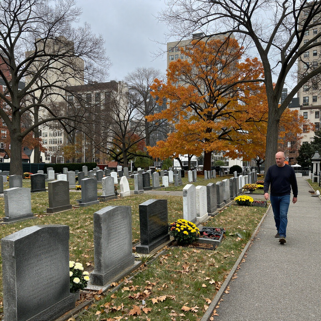 A peaceful view of a Manhattan cemetery landscape