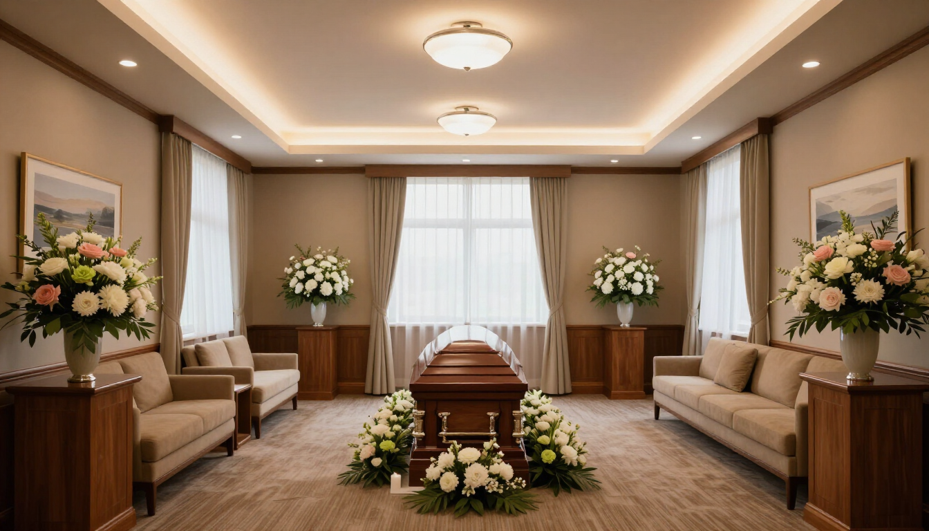 A peaceful visitation room at a funeral home.