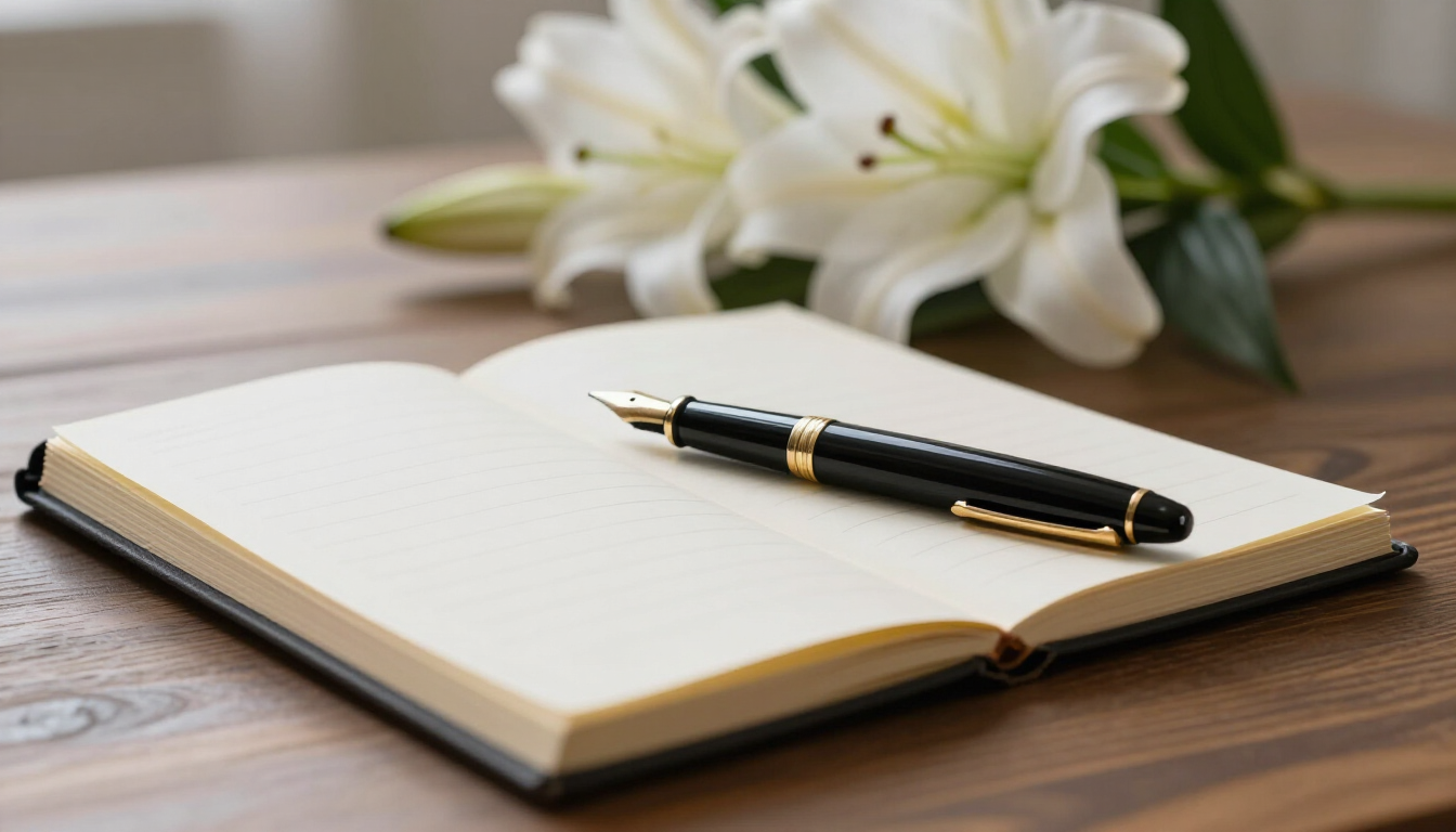A peaceful funeral guestbook with flowers