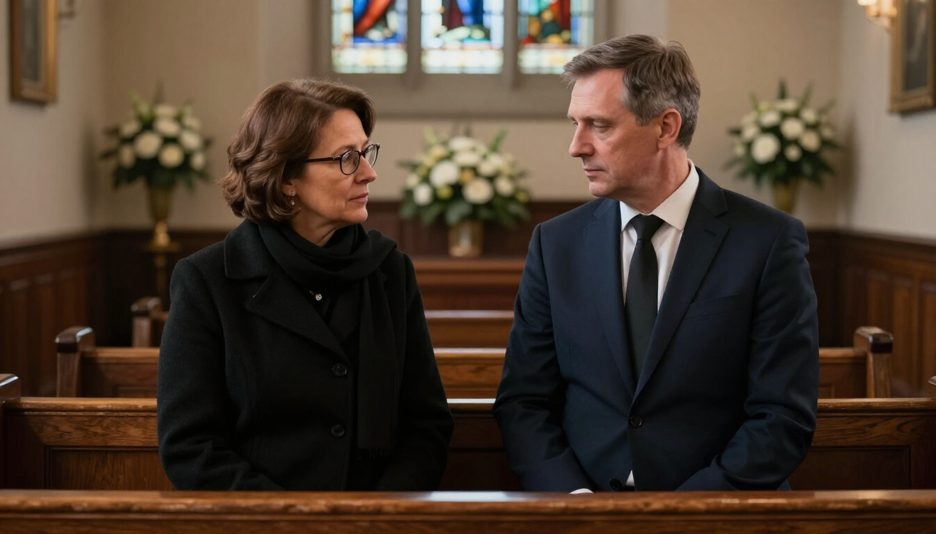 Mourners talking quietly in a funeral home