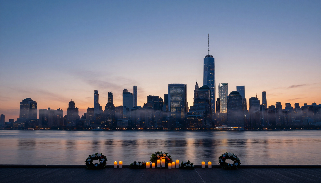 A peaceful view of Manhattan at dusk, symbolizing reflection and memory.