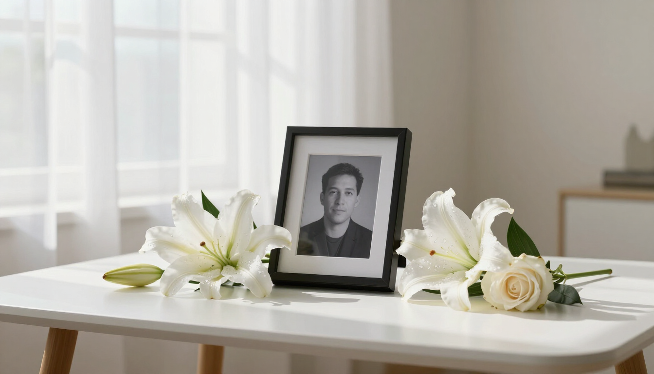 Quiet memorial setting with flowers and a framed photograph