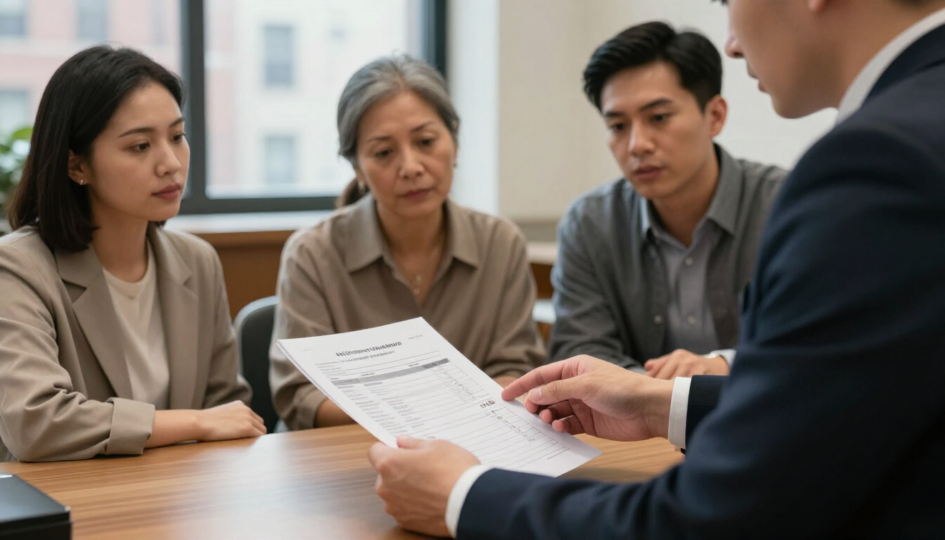Photorealistic close-up of a family reviewing a transparent cremation estimate with a funeral professional, respectful Manhattan office, soft lighting