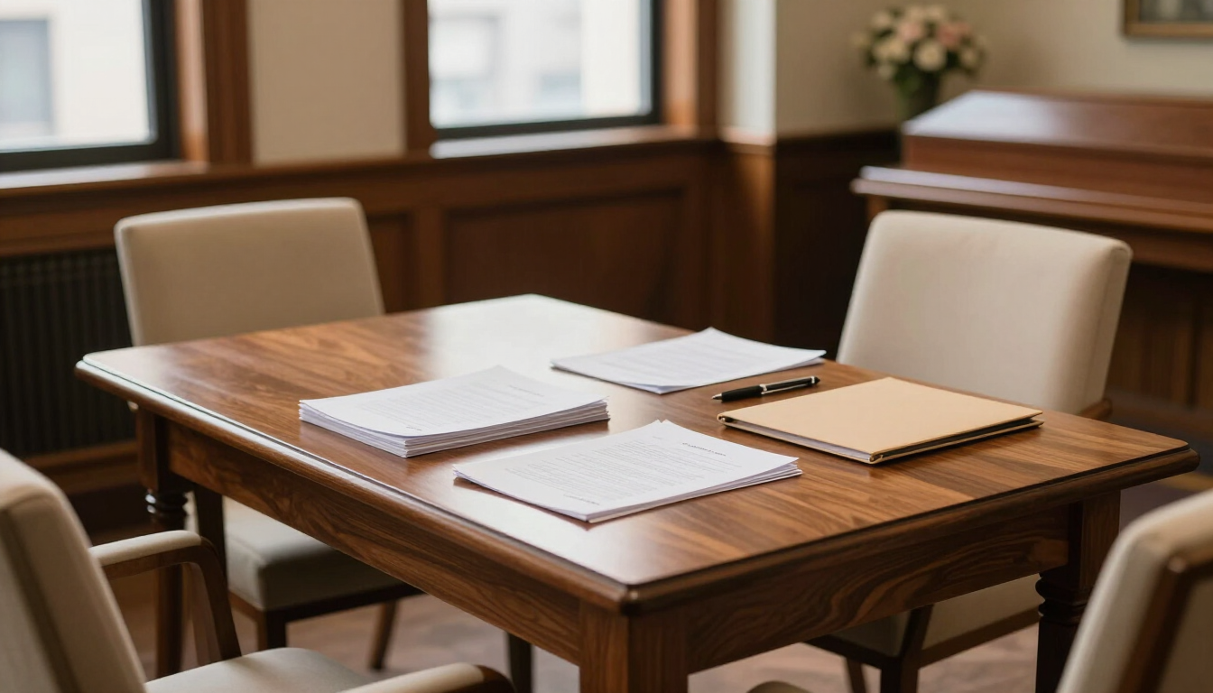 Photorealistic consultation table in a Manhattan funeral chapel with simple paperwork, warm natural light, and discreet professional setting