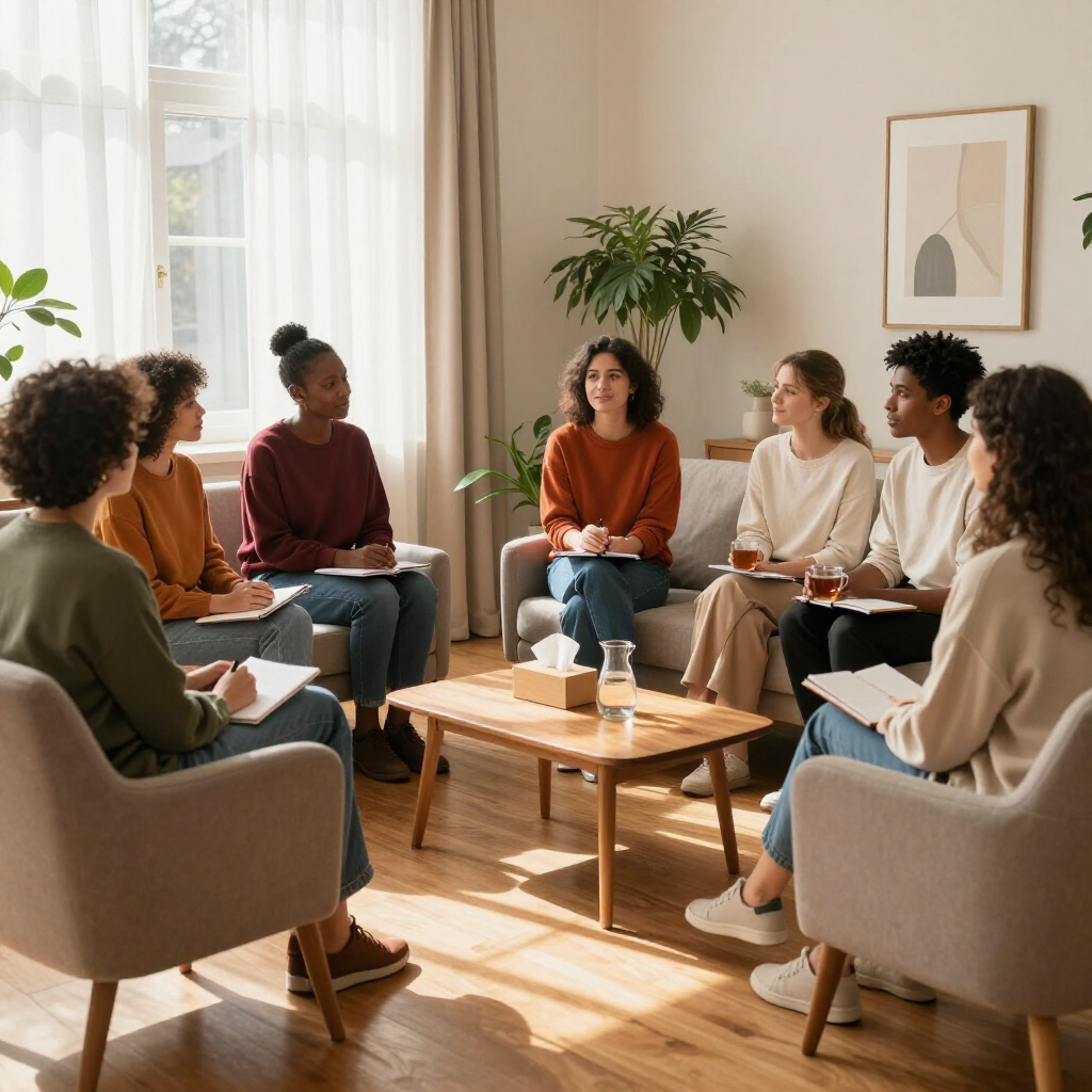 People seated in a bright living room, talking in a small group circle around a coffee table