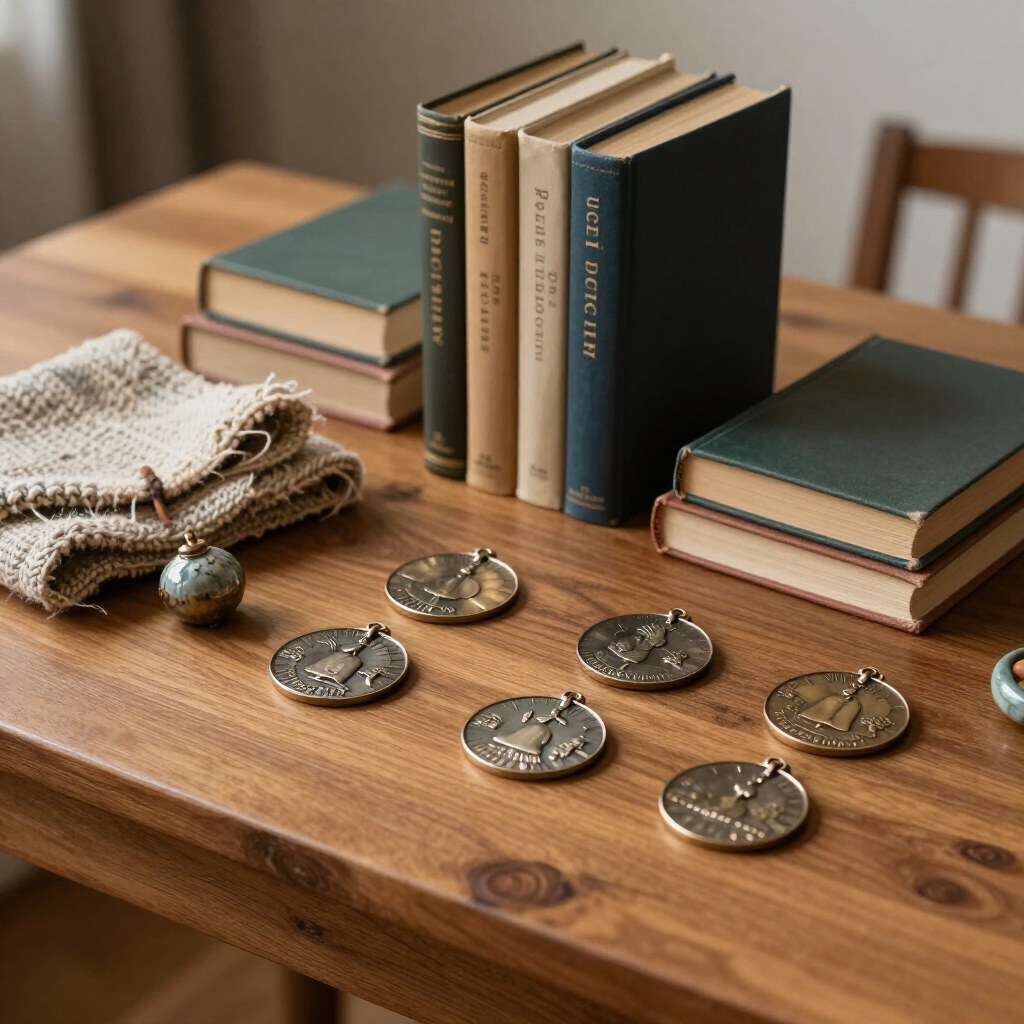 Neatly arranged books, coins, and folded cloth on a wooden table in warm indoor light