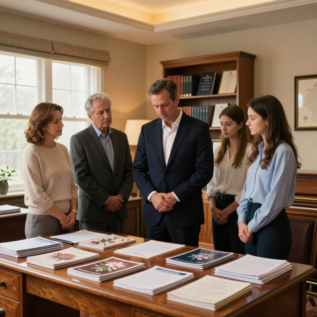 Five people stand around a table covered with documents in a bright office meeting room.