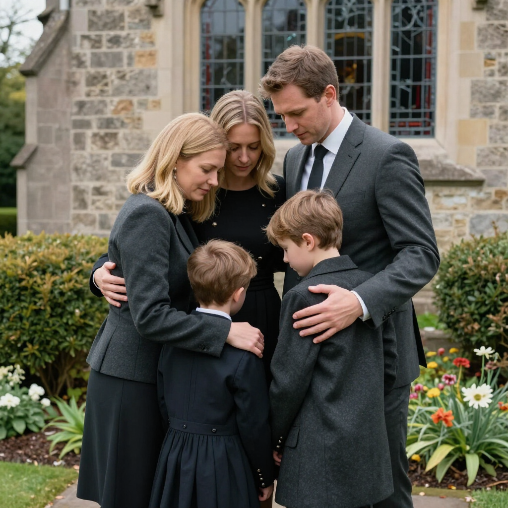 Four people embrace in front of a stone building and garden flowers
