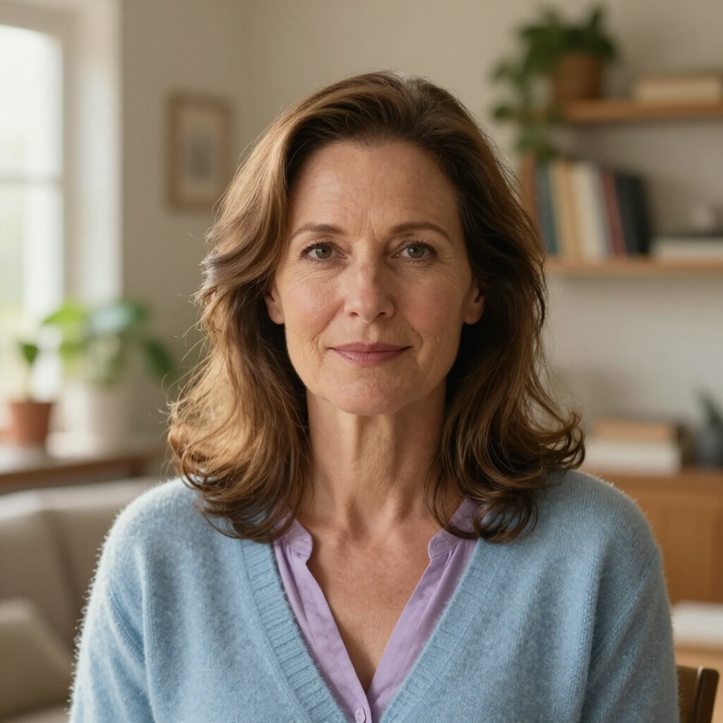 Portrait of a woman in a light blue sweater, standing in a softly lit home interior