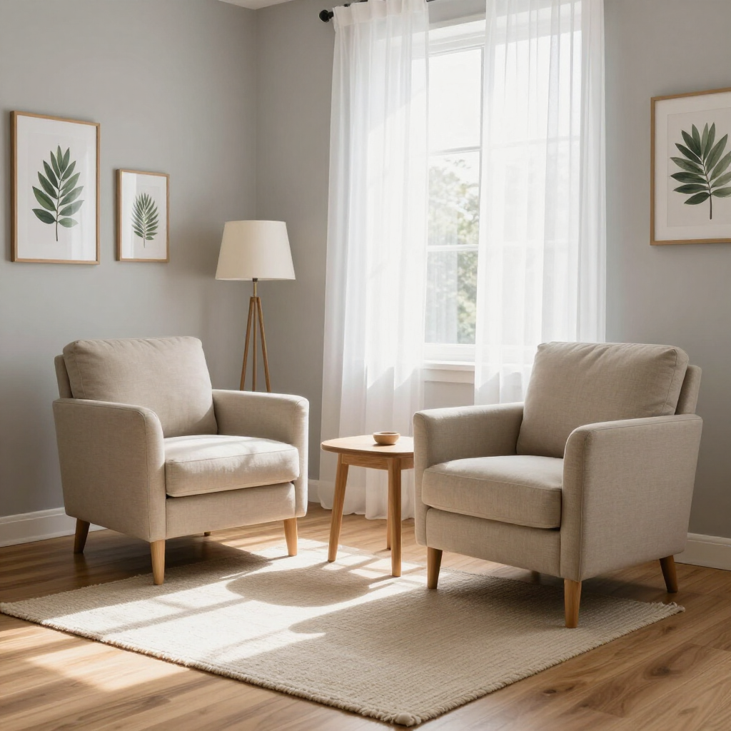 Cozy living room with two beige armchairs, a small wooden table, and sunlight through sheer curtains.