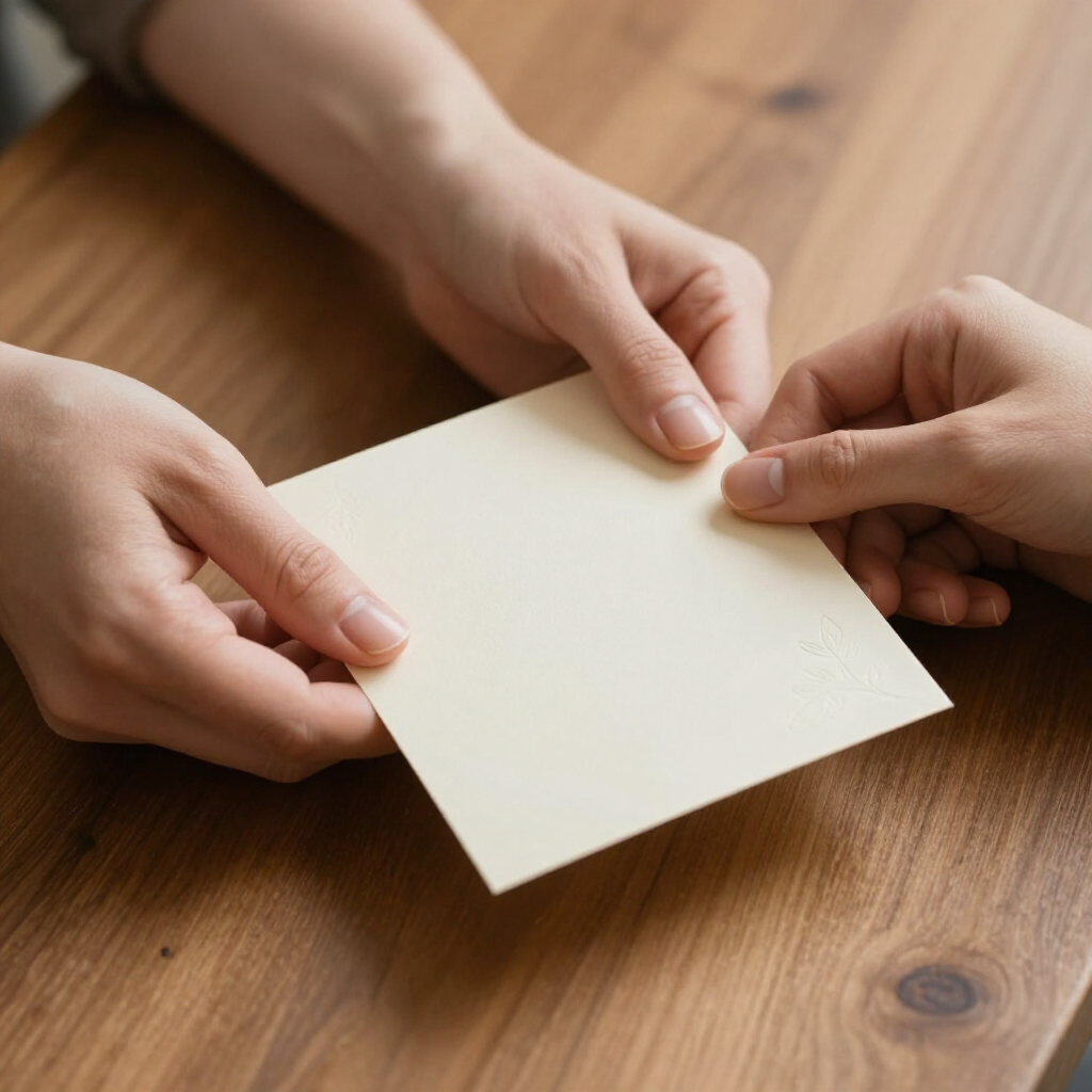 Two hands holding a blank white card over a wooden table