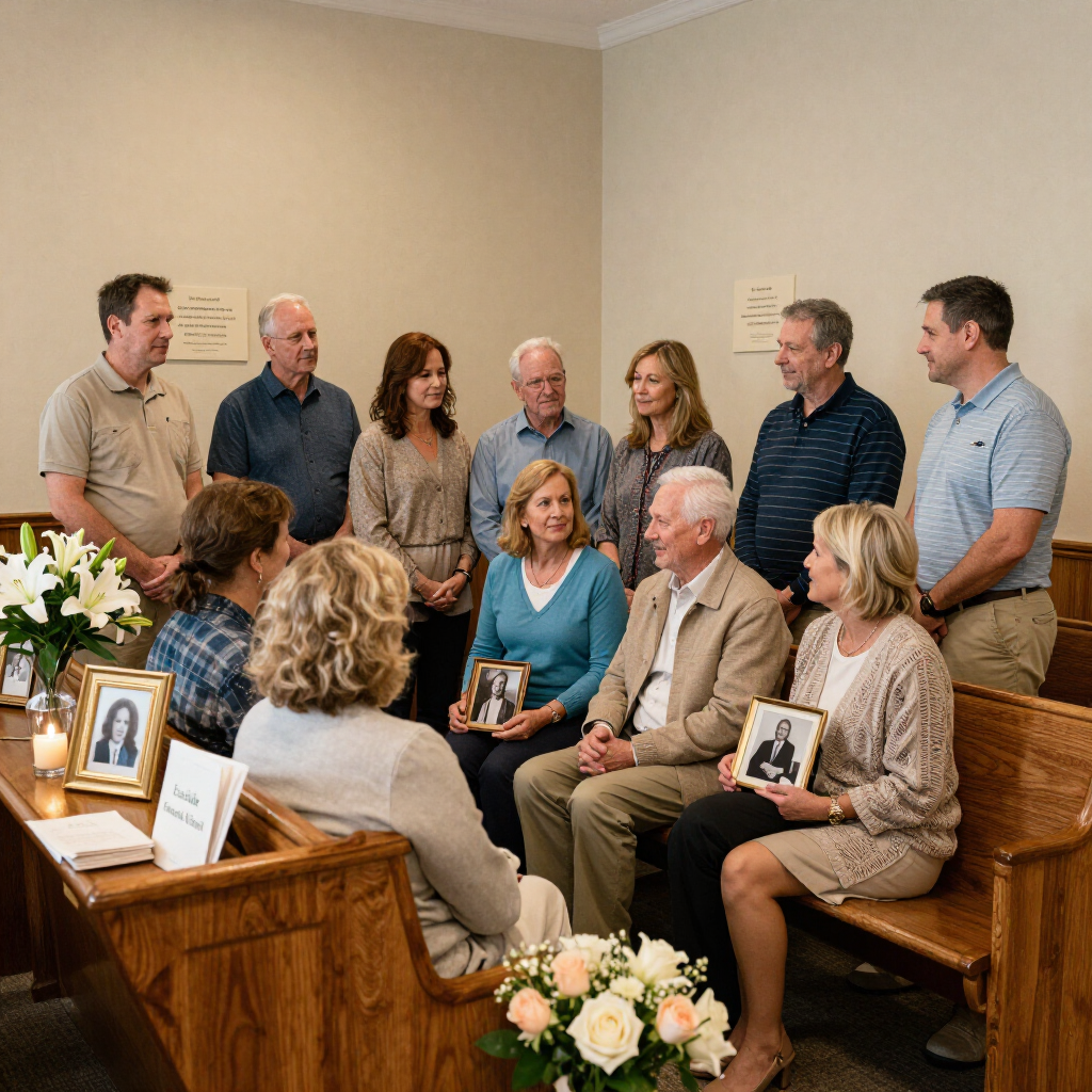 Group of people seated and standing in a room during a memorial service, with flowers and framed photos.