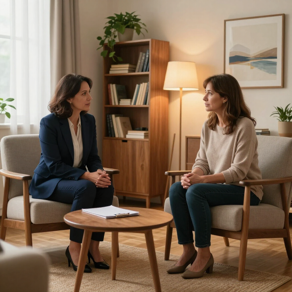 Two people in a cozy office discussing across a small table, with bookshelves and a lamp behind them.