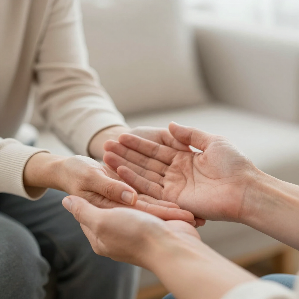 Two people gently holding hands on a sofa in a soft, bright living room