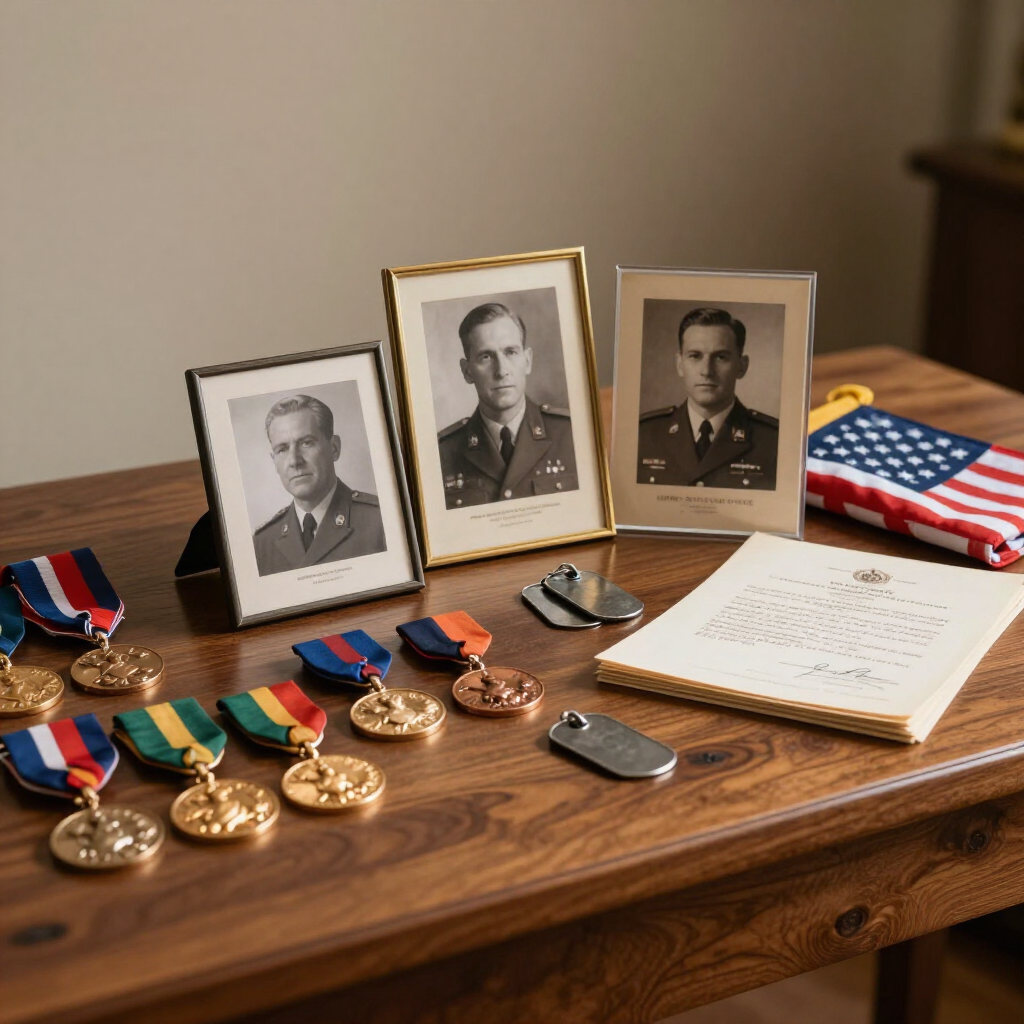 Military medals, three framed portraits, a folded U.S. flag, and a letter on a wooden table.