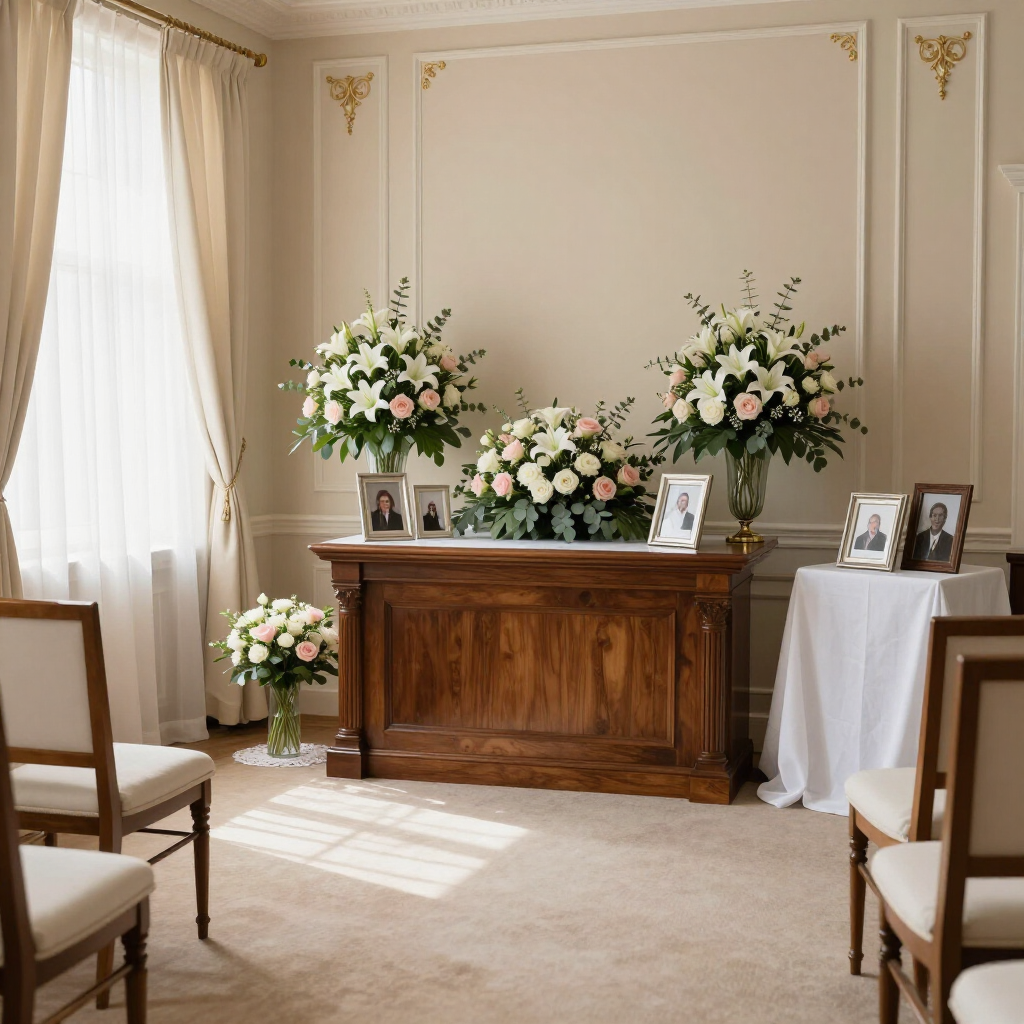Elegant funeral memorial room with a wooden casket, floral arrangements, framed photos, and chairs