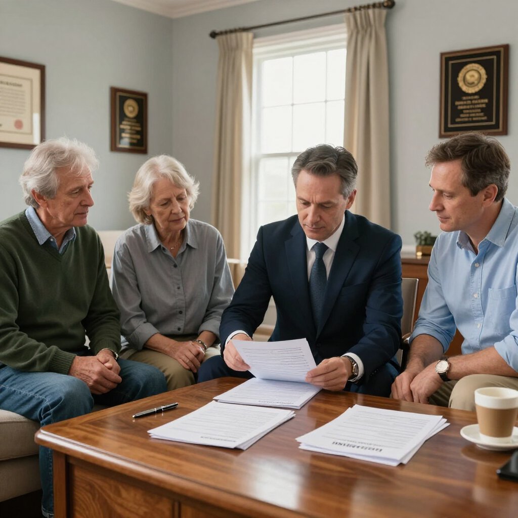 Four people review documents at a wooden table in a bright meeting room with plaques on the wall.