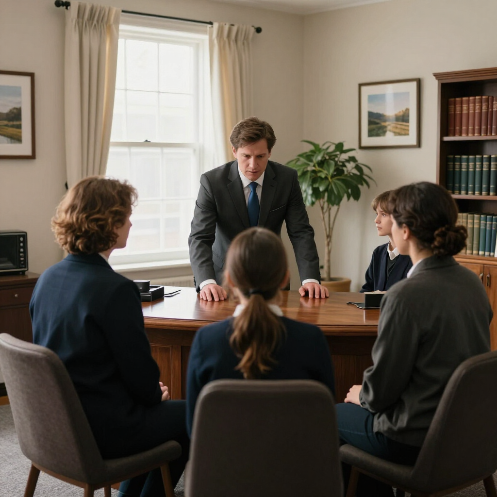 Five people in a meeting room, seated around a wooden table while one man speaks at the front.