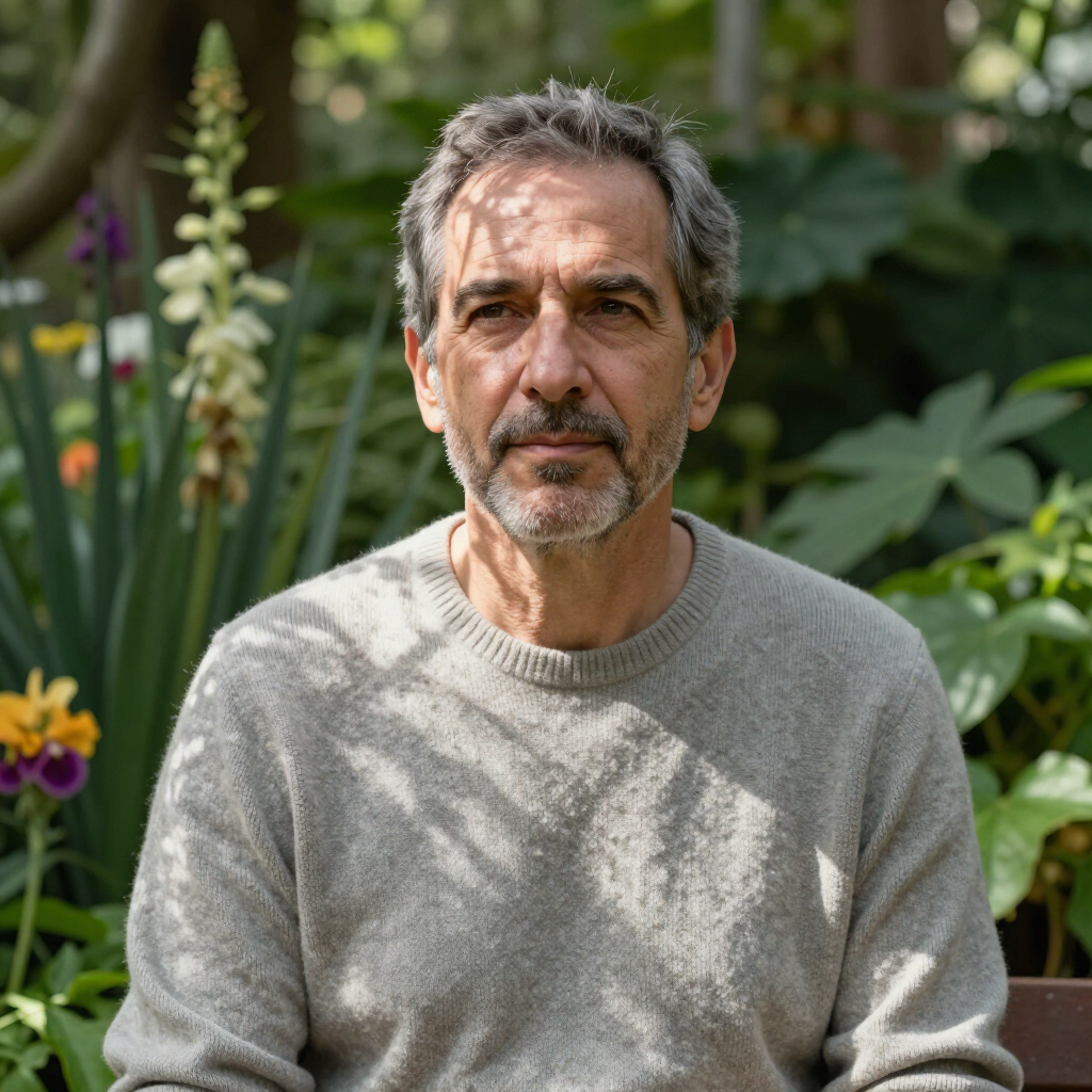 Man seated in a sunlit garden, wearing a gray sweater, with plants and flowers in the background.