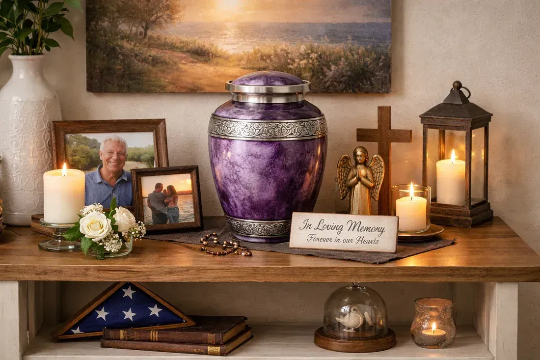 Memorial shelf with purple urn, framed photos, candles, flowers, and a cross beneath a landscape painting
