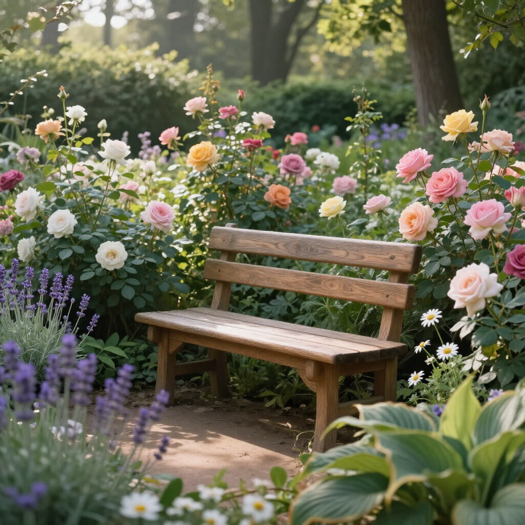 Wooden bench in a lush garden surrounded by pink, white, and purple flowers in soft sunlight